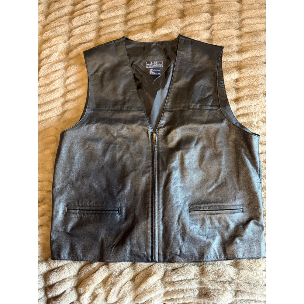 Great Northwest Mens Black Leather‎ Zip Up Vest Large Biker Edgy Classic